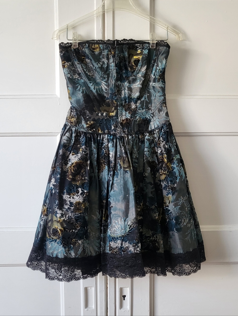 Y2K Betsey Johnson Dusty Blue Velvet Strapless Boned Corset Dress Size 2